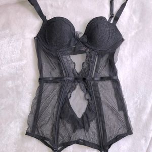 Victoria’s Secret Black Lace Sexy Corset Bodysuit with Garter Belt - Size 34C